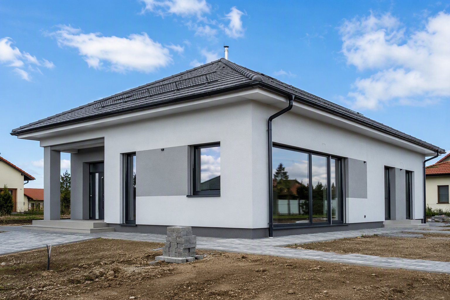 Készülő új családi ház modern nyílászárókkal
