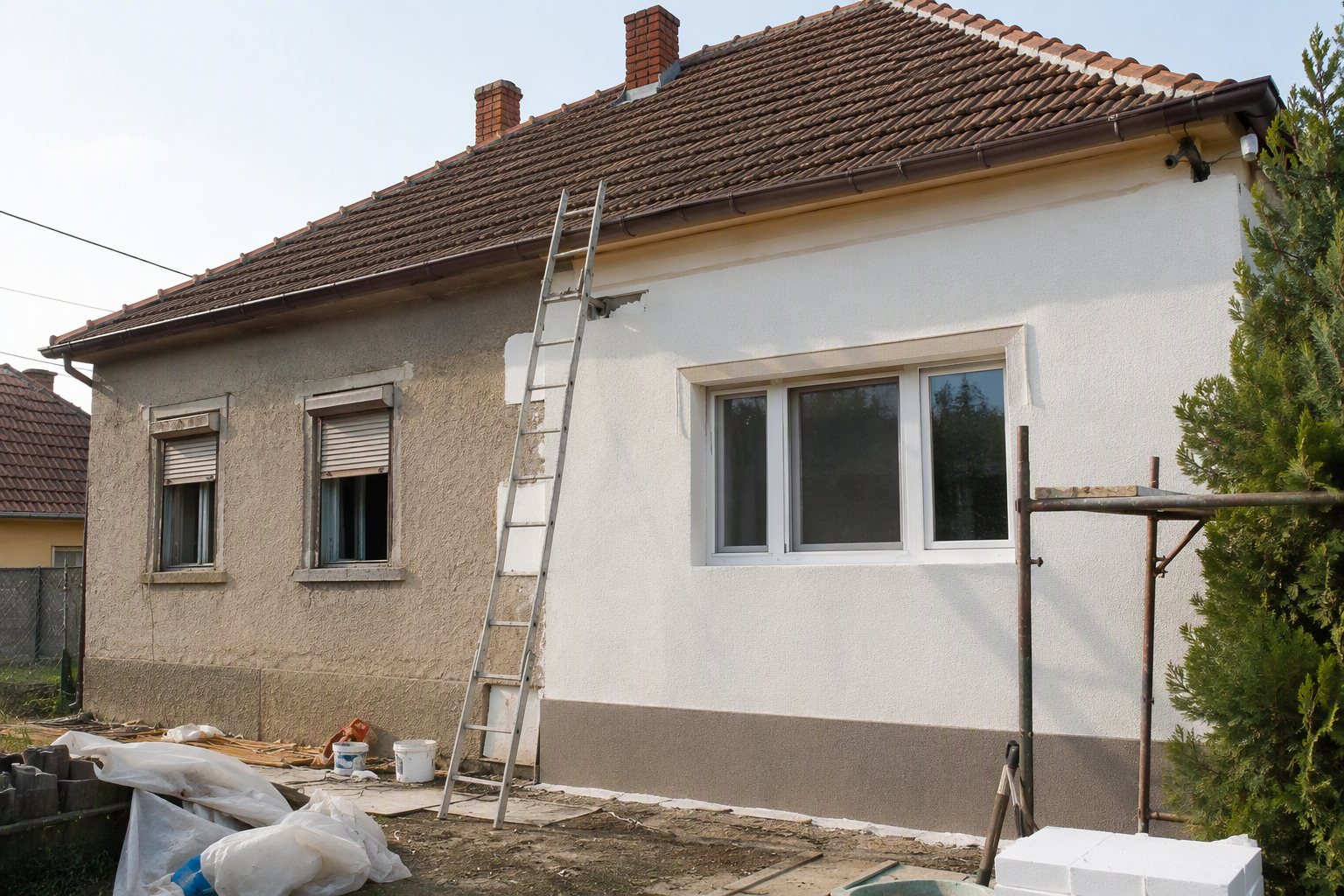 Felújítás alatt álló családi ház új ablakokkal